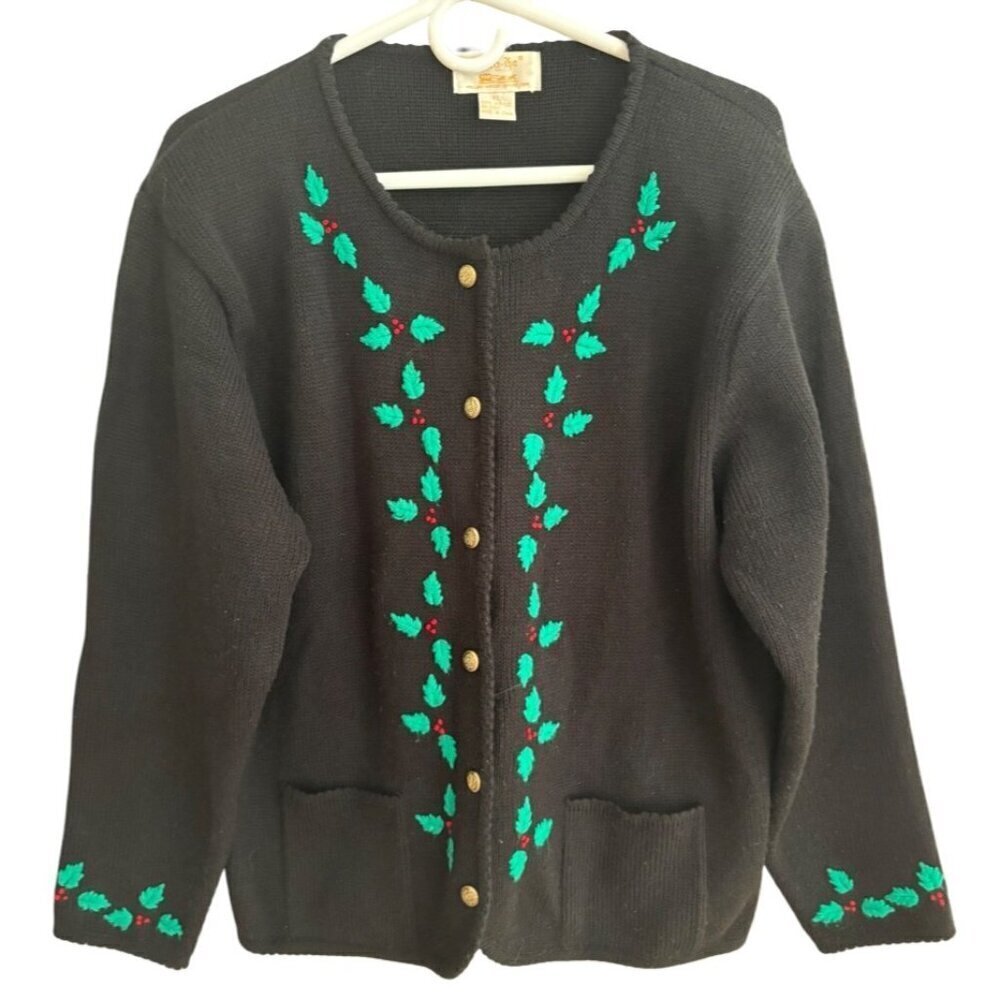 Vintage Tally-Ho Black Holly Embroidered Christmas Cardigan Sweater Women's  XL